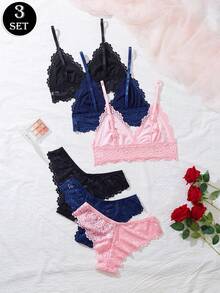 3件套性感蕾丝拼接女士吊带背心文胸内裤套装 - 彩色 - 查看 2