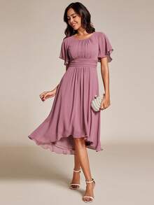 Đầm phù dâu bằng chiffon xếp ly tay bồng thanh lịch dành cho nữ, đầm dạ hội trang trọng cho khách dự đám cưới mùa xuân. - Bụi hồng - Xem 7