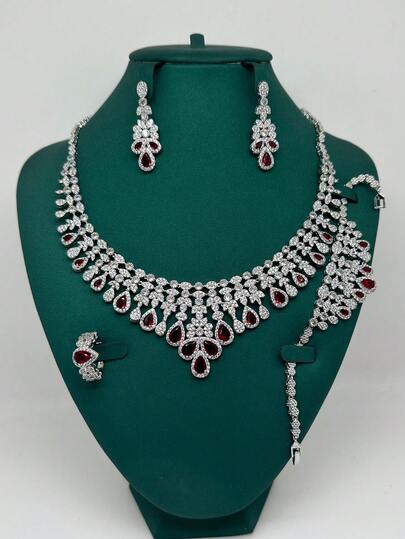 4pcs Luxury Pearl Embellished White, Red, Green Zirconia Jewelry Set, Middle Eastern Dubai Style Bridal Party Accessories, Wedding Gift