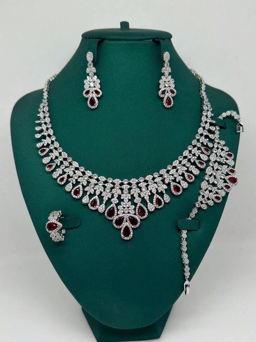 4pcs Luxury Pearl Embellished White, Red, Green Zirconia Jewelry Set, Middle Eastern Dubai Style Bridal Party Accessories, Wedding Gift - Red - View 1