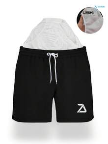 男士夏季黑色抽绳腰斜插口袋夏威夷风速干双层网眼内衬短裤，3D印花时尚休闲沙滩泳裤 - 黑色 - 查看 2