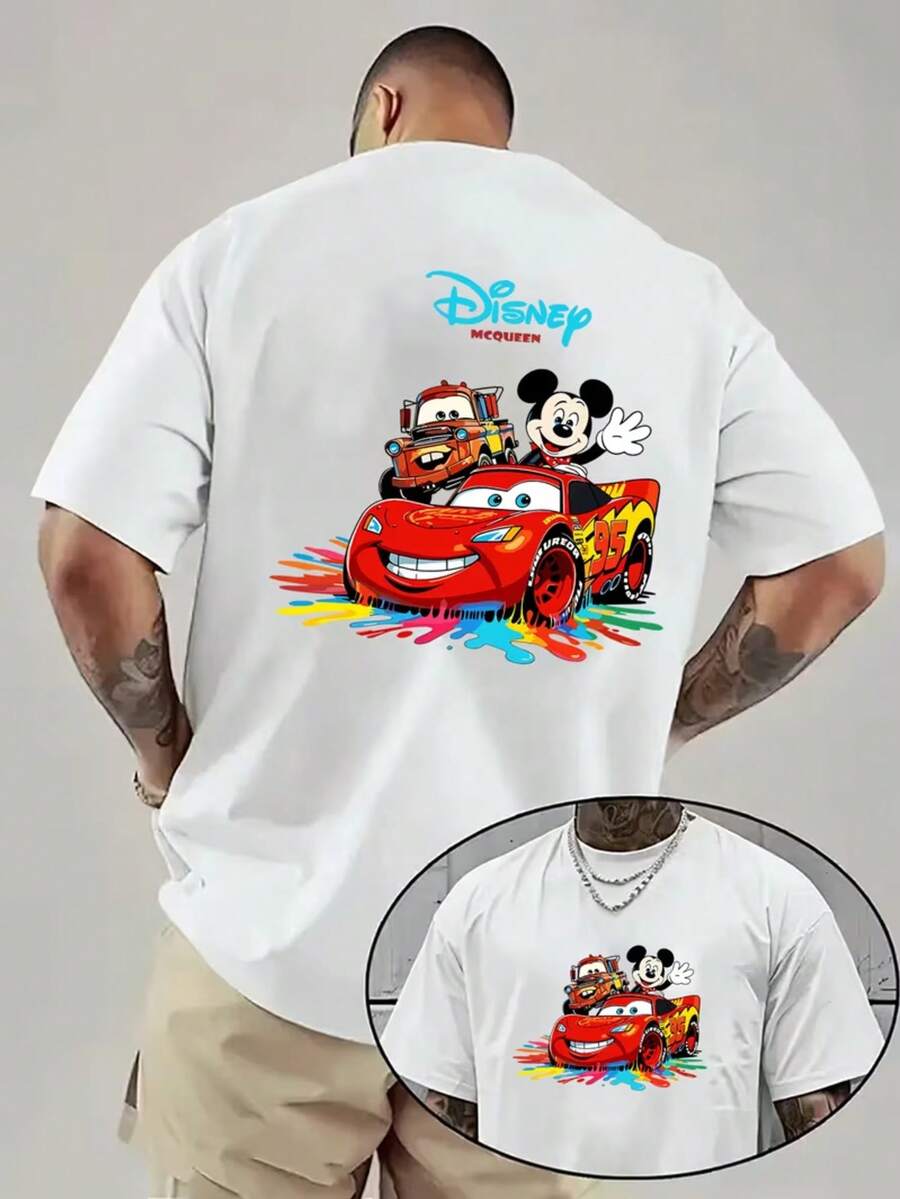 1 Disney Men's T-Shirt, Disney Car Story Lightning McQueen Pattern Men's Short-Sleeved T-Shirt, Round Neck Casual And Comfortable T-Shirt, Breathable And Light, Suitable For Sports And Leisure Wear, Spring And Summer T-Shirt, Suitable For Gifts, Suitable For Travel And Parties. - White - View 1