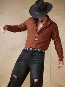 WAIT HIM Men's Striped Single-Breasted Casual Long Sleeve Shirt - Redwood - View 8