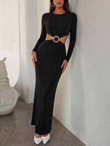 Elegant Black Long Sleeve Hollow Out Fitted Dress With Ring Detail, Suitable For Party, Wedding Guest, Evening, Vacation, Date, Nightclub, Spring - Black - View 1