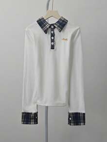 女士二合一格子 Polo 领红色长袖磨毛修身打底衫 白色春季 - 白色 - 查看 9