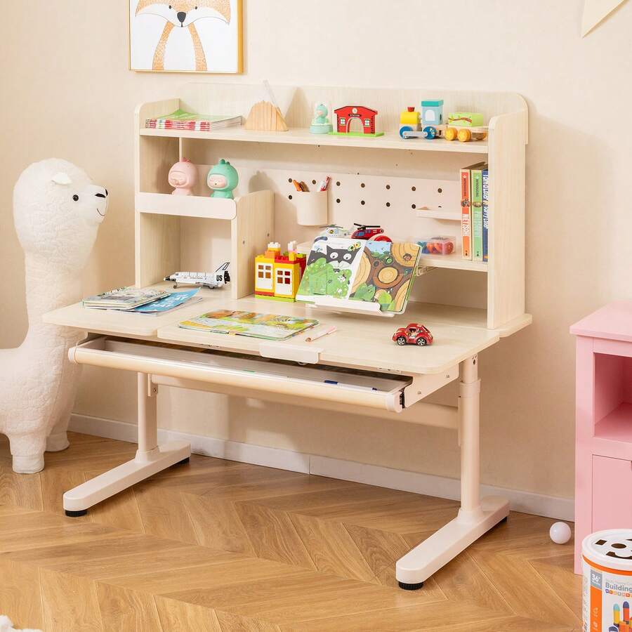 Kids Study Desk W/Tilt Desktop Retractable Book Stand & Pegboard Pen Holder - Yellow - View 1