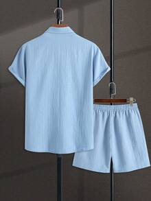 Men's Essential Solid Color Vertical Striped Textured Breathable Fabric Non-Sweating Polo Collar Full Button Design Casual Stylish Outfit, Suitable For Daily, Commuting, Street Fashion, Summer New Arrival 2-Piece Set - Baby Blue - View 3