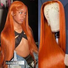 36 Inch Natural Black Straight Lace Front Wigs Human Blended Hair 13x4 HD Transparent Lace Front Human Blended Hair Wigs For Women Glueless Brazilian Virgin Hair Lace Frontal Wig 180% Density Pre Plucked With Baby Hair Hairline Ginger Orange 350 - S350 - View 5