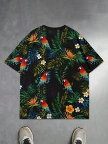 男士热带植物鹦鹉印花宽松落肩T恤，适合夏季海滩度假 - 彩色 - 查看 4