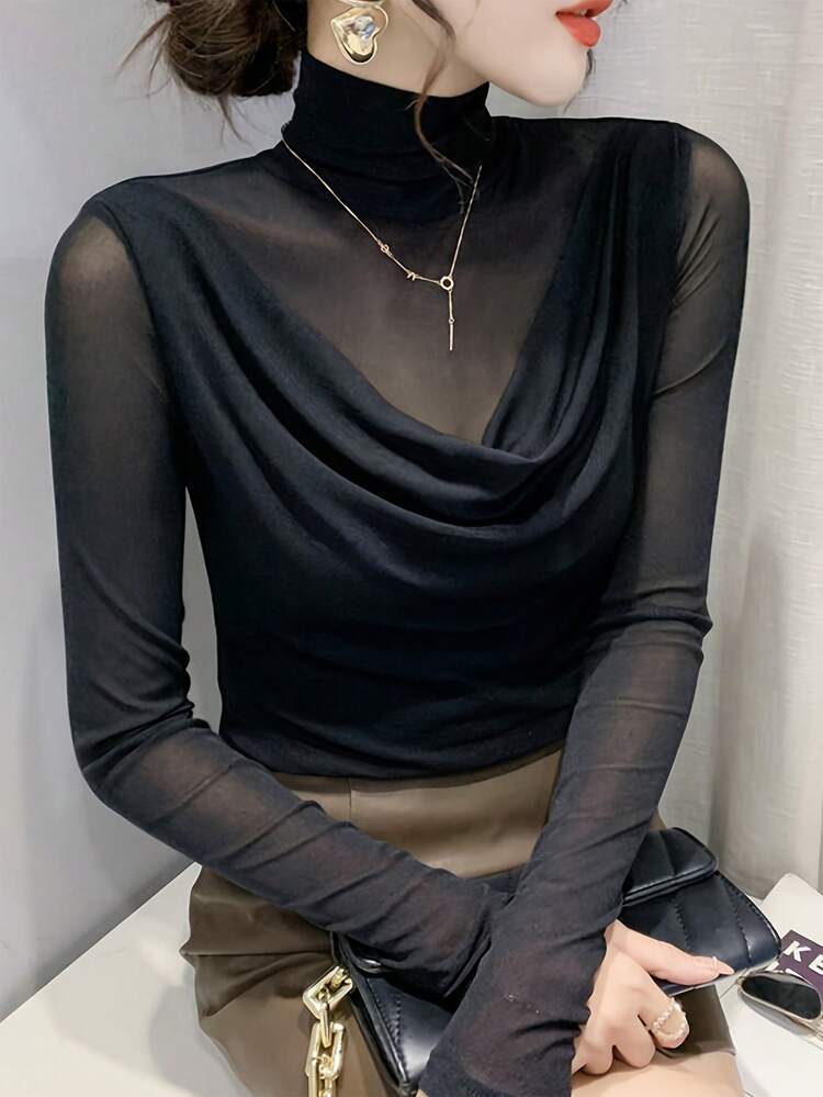 FLEXCHIC Women's High Neck Solid Color Mesh Undershirt, Minimalist Fashion Versatile, Slim Fit Sheer Long Sleeve Top, Black - Black - View 3