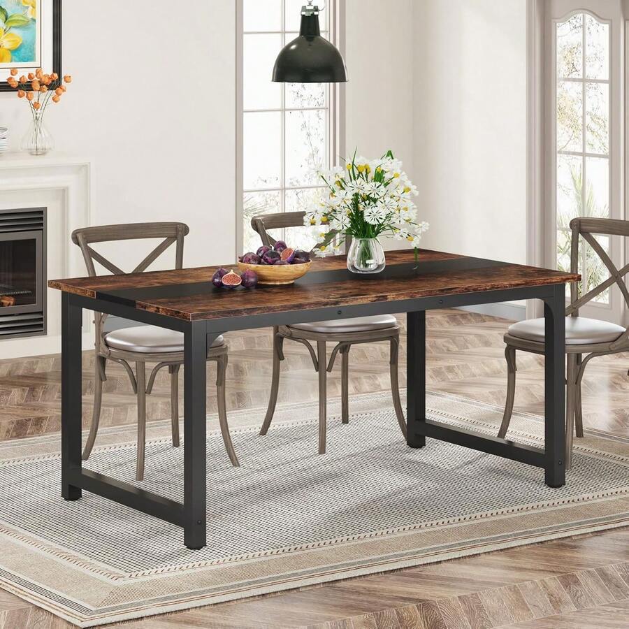 LITTLE TREE 160x80cm Industrial Rustic Dining Table, 4-6 Seater Metal Leg Kitchen Table For Dining Room - Brown - View 1