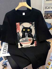 Women's Cartoon Cat & Ramen Print Short Sleeve T-Shirt, Suitable For Daily Wear, Outings, Parties, School, Music Festivals, Vacations, Commuting And Other Occasions. Can Be Given As A Gift To Family, Boyfriend, Girlfriend, Friends, And Is An Ideal Summer Clothing Choice For Girls. - Black - View 1