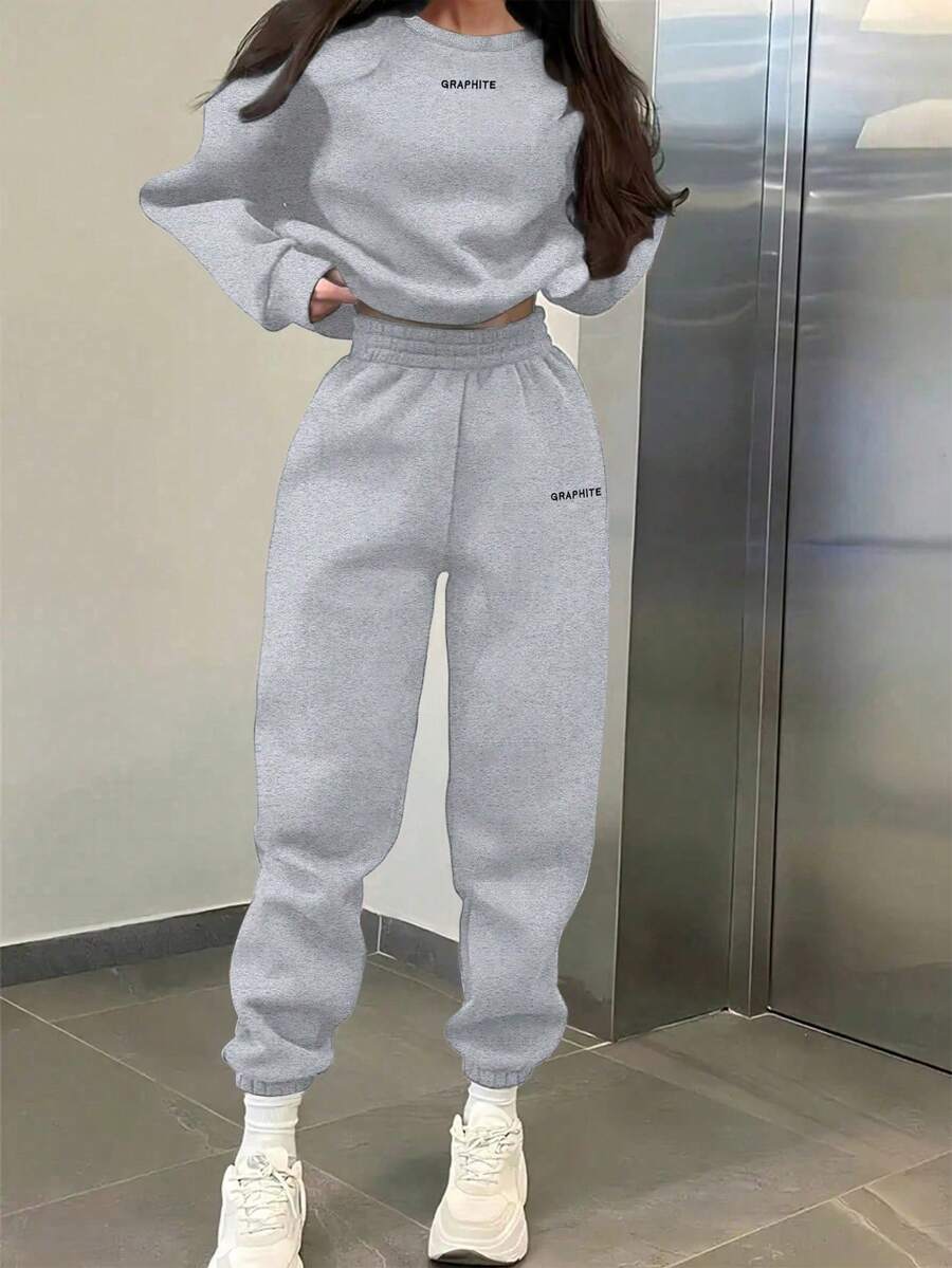 2pcs/Set Women's Casual Letter Print Round Neck Long Sleeve Sweatshirt And Sweatpants Elegant Outfit, Spring/Autumn Sportswear - 灰色 - 查看 1