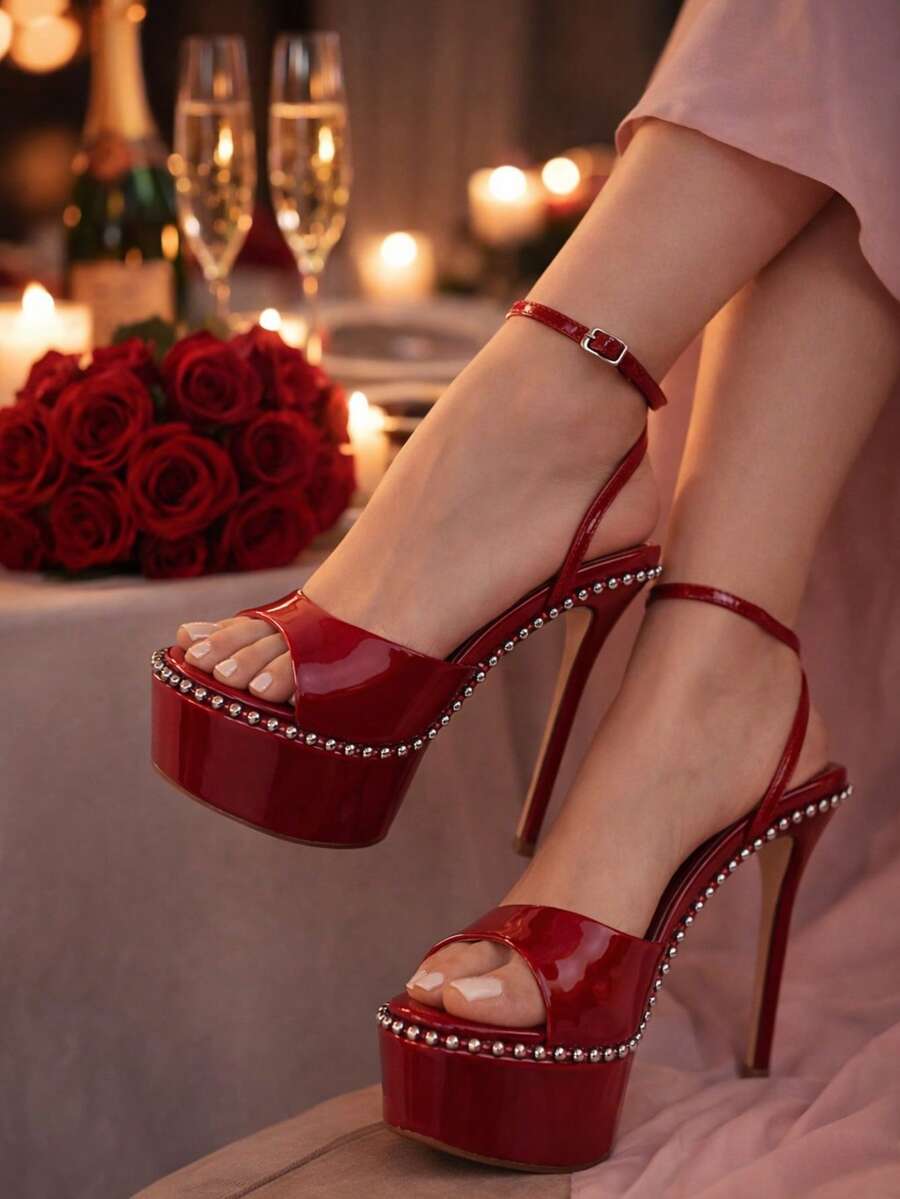 So Me Soren Peep Toe Stilleto Women's Hight Heel Platform With Stud Details And Ankle Strap. - 紅色 - 查看 1