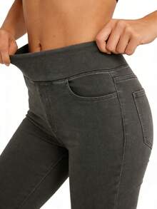 JSEMOY Pull On Skinny Jeans For Women, Stretchy High Waisted Leggin Tummy Control Demin Jegging With Pockets - 黑色 - 查看 3