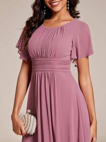 Đầm phù dâu bằng chiffon xếp ly tay bồng thanh lịch dành cho nữ, đầm dạ hội trang trọng cho khách dự đám cưới mùa xuân. - Bụi hồng - Xem 4