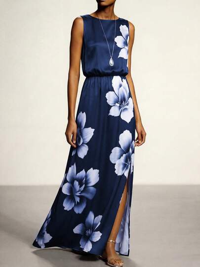 1pc Women's Floral Print Elegant Woven Fabric Slit Sleeveless Dress, Graceful Style, Spring/Summer