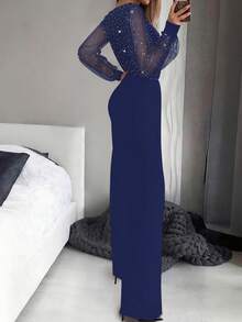 Bộ jumpsuit lưới đính sequin đen gợi cảm dành cho nữ, cổ chữ V sâu, thanh lịch. - Màu xanh hải quân - Xem 2