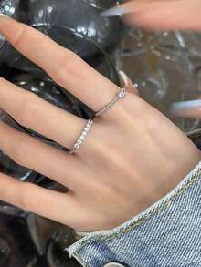 2pcs/Set Sparkling Heart Shaped Rings, Fashionable Luxury Niche Personalized Thin Band Rings, Elegant Stacking Rings For Women Wedding Party - Silver - View 6