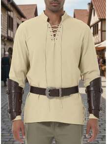 Camisa de manga larga con cordón de inspiración medieval para hombres, disfraz de vikingo - Caqui - Ver 2