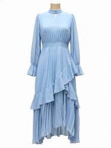 女士纯色立领镂空褶裥长袖不对称荷叶边下摆优雅收腰派对及节日连衣裙 - 淺藍色 - 查看 4