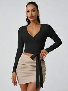 NcmRyu 1件女士V领系带短款长袖运动T恤 - 黑色 - 查看 6