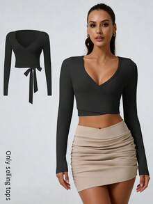 NcmRyu 1件女士V领系带短款长袖运动T恤 - 黑色 - 查看 1