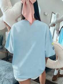 Women's Summer Letter Print Round Neck Loose Casual T-Shirt, Versatile Daily Casual Style. Distinctive Graphic Tee, Women's Light Blue Top, Vacation - Light Blue - View 6