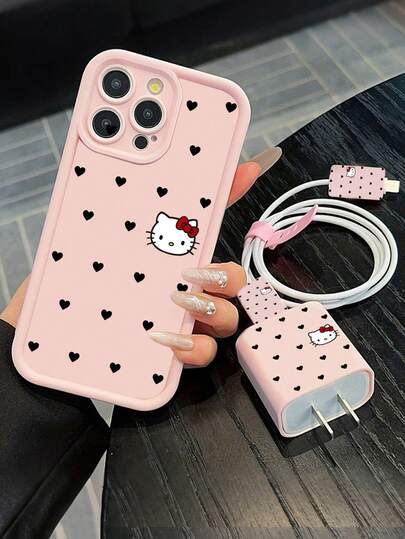 Sanrio INS Style Cute Black Hello Kitty Heart Phone Case Set, 5pcs: Phone Case + 1 Charger Protector + 1 Cable Tie + 2 Cable Protectors, Suitable For IPhone 16 Pro Max/15/14 Plus/13/12/11