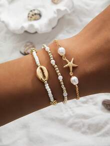 Set de 3 piezas de pulseras de estilo bohemio de playa con capas múltiples de aleación, concha, estrella de mar y cuentas, adecuado para uso diario, ir al trabajo, fiestas y vacaciones de mujeres - Multicolor - Ver 5