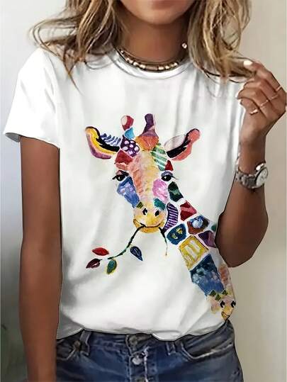 Women's Colorful Giraffe Print T-Shirt - Casual Short Sleeve Crew Neck Top, Vibrant Geometric Design, Soft &amp; Comfortable Fabric, Perfect for Casual attire, allseason Fashion | Machine Washable Shirt