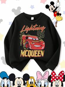 Disney Cars Lightning McQueen 95 Flames Vintage Style Comfortable Print Young Girls' Long Sleeve Sweatshirt, Suitable For Autumn/Winter, Lightweight And Cozy, Great For Layering In Fall, Fashionable Casual Wear, Graphic Design, Back To School Season, Autumn, Back To School Party, Suitable For Outdoor Picnic, Street Photography, Home, Campus, Holidays, New Year Gift - Black - View 1