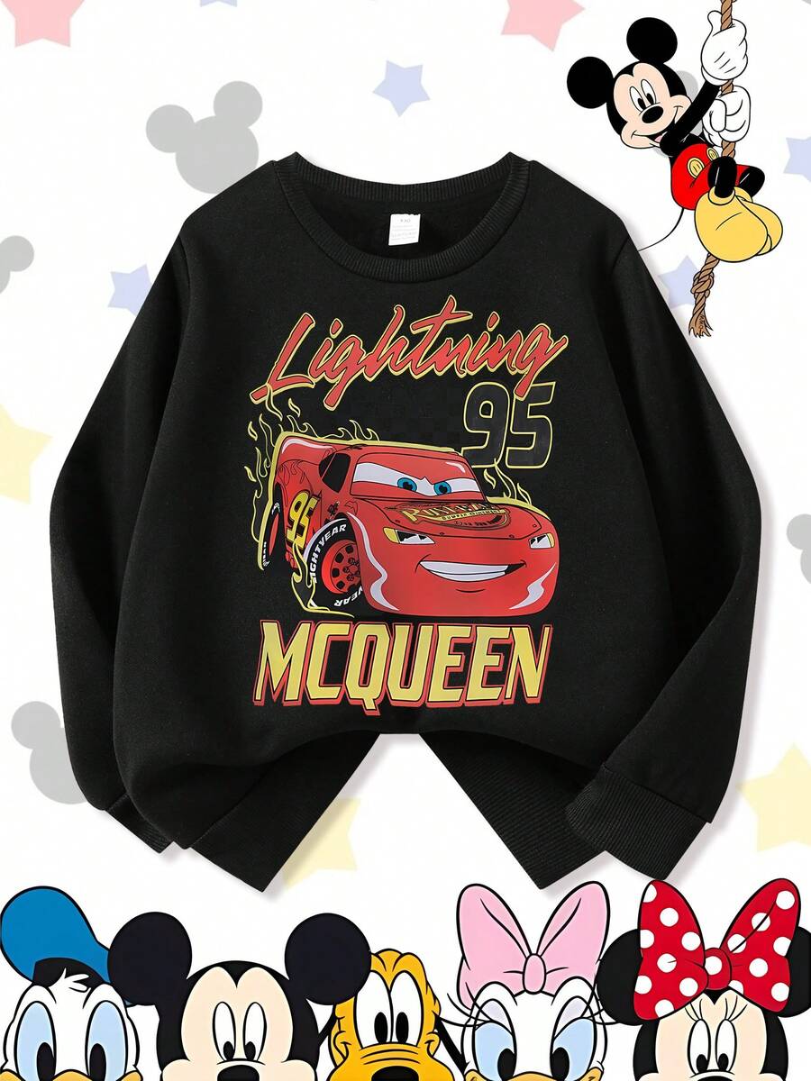 Disney Cars Lightning McQueen 95 Flames Vintage Style Comfortable Print Young Girls' Long Sleeve Sweatshirt, Suitable For Autumn/Winter, Lightweight And Cozy, Great For Layering In Fall, Fashionable Casual Wear, Graphic Design, Back To School Season, Autumn, Back To School Party, Suitable For Outdoor Picnic, Street Photography, Home, Campus, Holidays, New Year Gift - Black - View 1