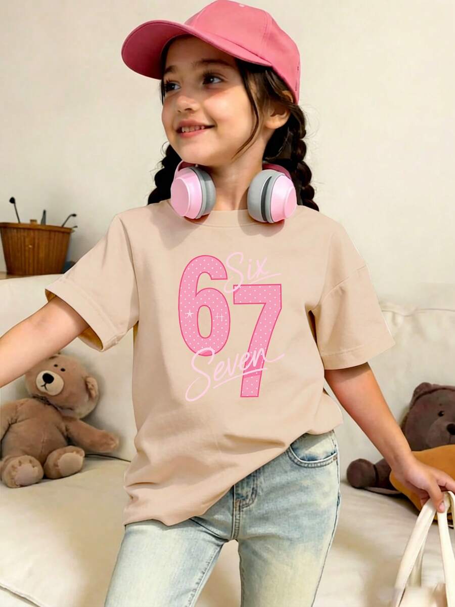 This Girls' Short Sleeve T-Shirt Features A Unique 67 Letter Print Design And A Soft Round Neck Design, Making It A Casual Apricot T-Shirt. - Apricot - View 1