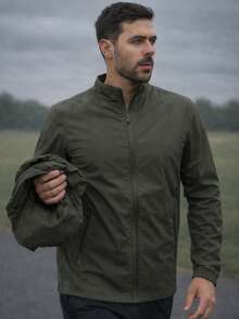 Men's Black Windbreaker Jacket With Removable Hood, Ideal For Gym Or Running - 軍綠色 - 查看 7