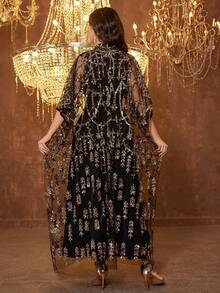 SUPGIR [Random Print] Women's Long Sleeve Sequin Patchwork Waist Tie Evening Dress - Black - View 3