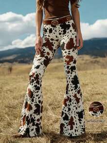 Western Fashion Denim Print Pocket Flare Pants, Casual Vacation Date Outfit Cool Girl Long Trousers Spring - Multicolor - View 2