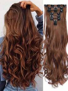 18-30英寸长波浪卷发夹式接发片，7片/套，加厚发片，隐形夹设计，柔软合成纤维，黑色，女士适用 - 鏽棕色 - 查看 3