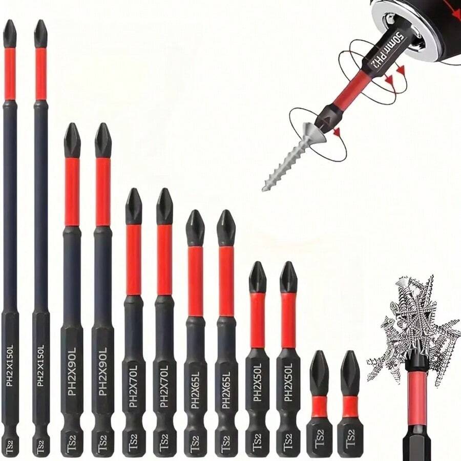 12pcs Magnetic Non-Slip Drill Bits, PH1, PZ1, PH2, PZ2, PH3, PZ3 Types, 50mm Length Serrated Cross Head, 1/4" Hex Shank Single Head Drill Bits, Suitable For Electric Screwdrivers And Drills