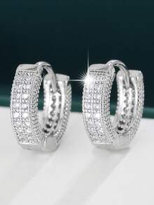 1对女士耳环，简约风格小众圆形耳环，镶嵌双排合成锆石，经典百搭优雅耳环 - 耳圈 - 查看 8