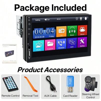 7 Inch 1 Din Car Radio MP5 Multimedia Player Touch Screen FM ISO Power Aux Input Bluetooth USB Mirror Link Universal