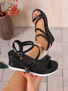 2026 Summer New Plus Size Women Sandals, Flat Wedge Strap Thick Bottom High Heel Sandals - Black - View 5