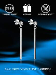 1 件 S925 纯银锆石条形耳坠，简约显脸型耳环，低过敏性，配有精美礼盒，适合日常佩戴 - 銀色 - 查看 2