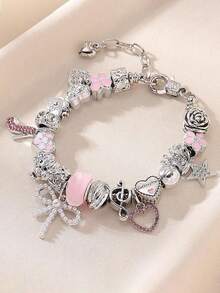 Minimalist Fashionable Pink Love Flower Pearl Crystal Multi-Element DIY Bracelet, Cute Girl Bow Daisy Insect Bracelet, Suitable For Daily, Festivals, Sweet Gifts For Girlfriends, Best Friends, New Year, Valentine's Day, Ramadan - Pink - View 11