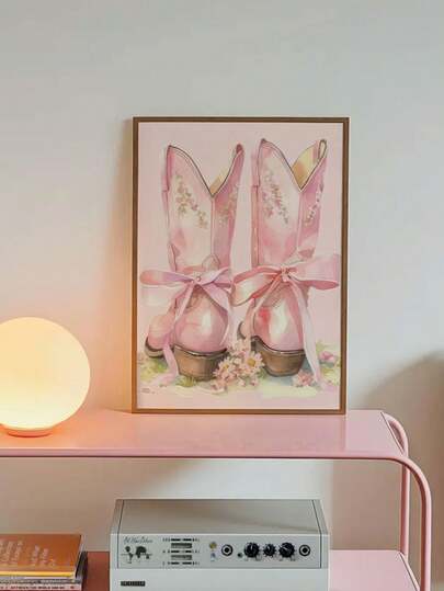 1 st väggkonst med cowgirlstövlar - rosa westernstövlar med blom- och rosettdetaljer, pastellrosa estetisk poster för sovrum, badrum, kontorsinredning - ingen ram behövs, idealisk present till heminredning