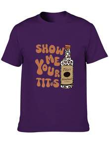Men's Casual Short-Sleeve T-Shirt, "Show Me Your Titos" Text Pattern Top, Casual Style, 100% Cotton Top, Fashion Summer Short-Sleeve T-Shirt, Heat Transfer Print Design, Couple Outfit, Perfect Valentine's Day Gift, Couple Printed T-Shirt, Vodka Enthusiast Printed Shirt, Men's Printed T-Shirt. - Purple - View 2