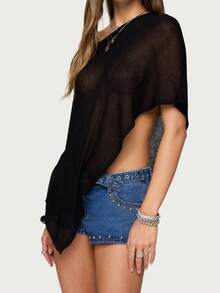 Women's Sheer Ponchos Off Shoulder Short Sleeve Solid Color T-Shirts Asymmetrical Knit Tops - 黑色 - 查看 2