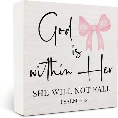 1pc Pink Coquette Christian Bow Wooden Signs,Bible Verse Pink Bow Wooden Box Sign,Coquette Room Decor,God Is Within Her Decor For Wedding Desk Tabletop Shelf Decoration 5x5in(12.4x12.4cm)