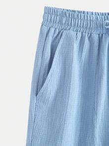 Men's Essential Solid Color Vertical Striped Textured Breathable Fabric Non-Sweating Polo Collar Full Button Design Casual Stylish Outfit, Suitable For Daily, Commuting, Street Fashion, Summer New Arrival 2-Piece Set - Baby Blue - View 7