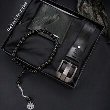 3pcs Men's Wallet + Belt + Beaded Bracelet Set, Fashion Business Casual Luxury Stylish Men's Wallet Set, Essential Daily Accessories For Men, Suitable For Anniversary, Valentine's Day, Birthday, Shopping Festival As Gifts, No Gift Box - Brown - View 2